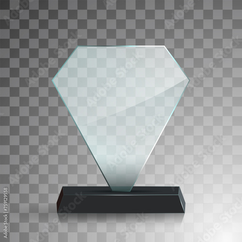 Glass award trophy set. Transparent prize template. Winner first place concept. Vector illustration. Winner glass trophy. First place award, crystal prize and signed acrylic trophies. Glass awarding t