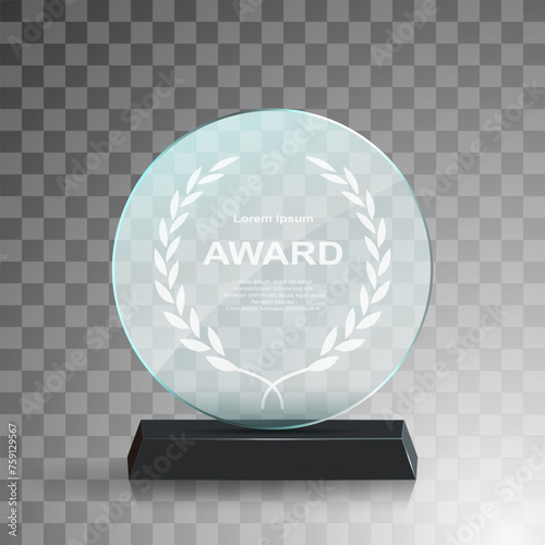 Glass award trophy set. Transparent prize template. Winner first place concept. Vector illustration. Winner glass trophy. First place award, crystal prize and signed acrylic trophies. Glass awarding t
