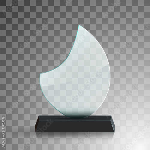 Glass award trophy set. Transparent prize template. Winner first place concept. Vector illustration. Winner glass trophy. First place award, crystal prize and signed acrylic trophies. Glass awarding t