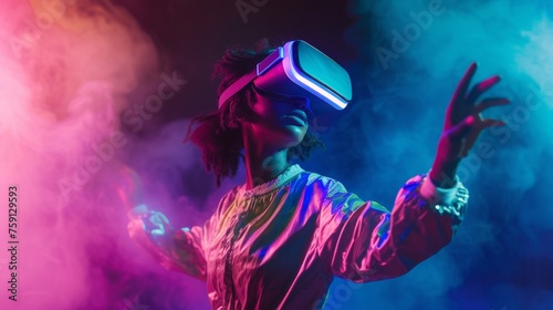 People wear VR headset in a futuristic cyberpunk atmosphere.