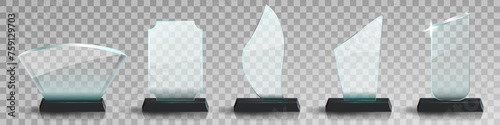 Glass award trophy set. Transparent prize template. Winner first place concept. Vector illustration. Winner glass trophy. First place award, crystal prize and signed acrylic trophies. Glass awarding t