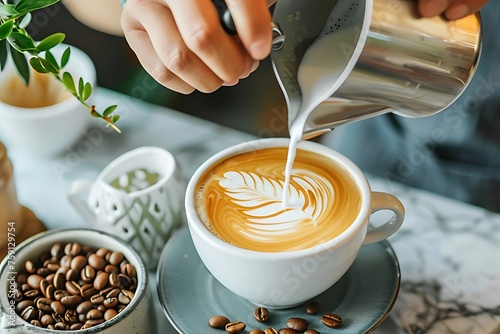 Barista makes coffee latte art in a cup of coffee. Generative AI