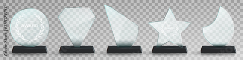 Glass award trophy set. Transparent prize template. Winner first place concept. Vector illustration. Winner glass trophy. First place award, crystal prize and signed acrylic trophies. Glass awarding t