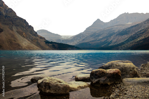Bow lake from the shore in Banff, Alberta, Canada