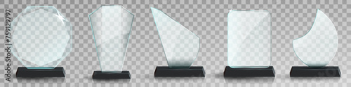Glass award trophy set. Transparent prize template. Winner first place concept. Vector illustration. Winner glass trophy. First place award, crystal prize and signed acrylic trophies. Glass awarding t
