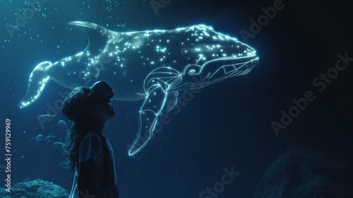 A female is in a virtual fantasy underwater world with a giant glowing whale when wearing VR headset.
