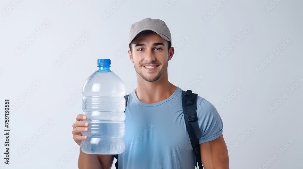 Friendly water delivery man with a large blue water bottle. Light backdrop. Banner. With copy space. Concept of potable water supply, delivery job, customer care, health. Friendly water delivery man with a large blue water bottle. Light backdrop. Banner. With copy space. Concept of potable water supply, delivery job, customer care, health.
