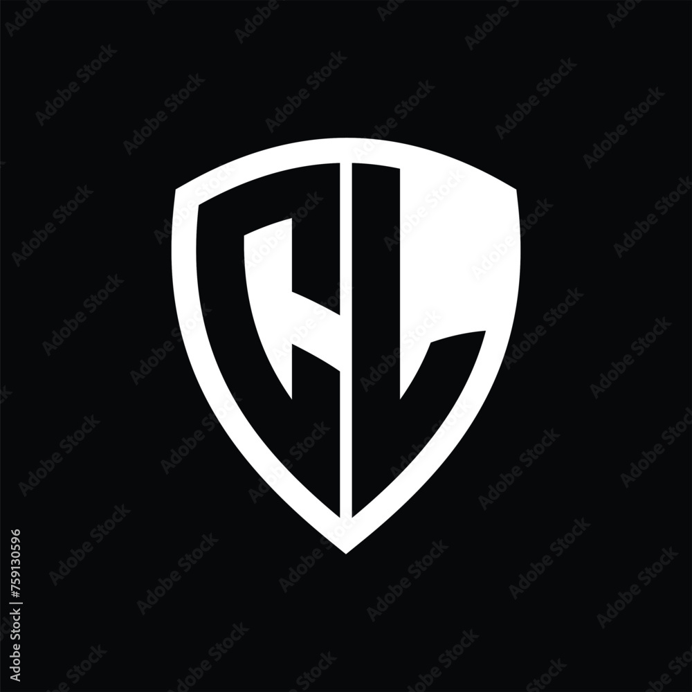 CL monogram logo with bold letters shield shape with black and white color design CL monogram logo with bold letters shield shape with black and white color design