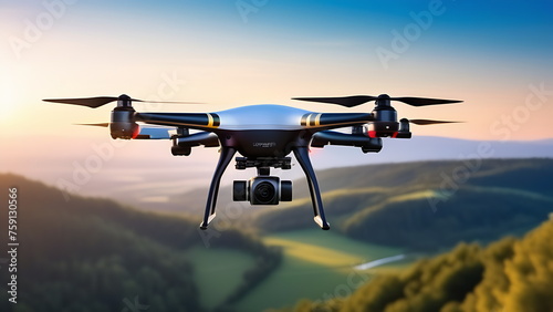 A quadcopter in a gray body takes video of the nature of mountains and hills from the air in summer photo