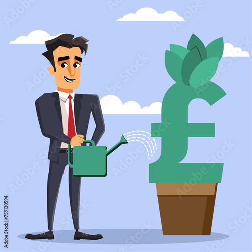 Financial Growth Concept, Businessman watering a pound sign so that it grows