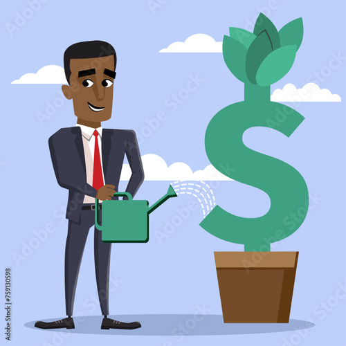 Financial Growth Concept, Businessman watering a Dollar sign so that it grows.  Profit or income concept