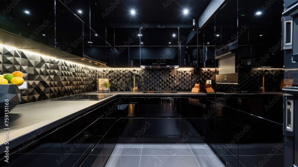 Cutting-edge black kitchen, glossy cabinets, LED mood lights, smart integration, geometric tiles