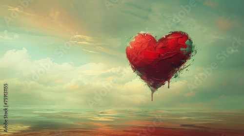 An abstract heart shape floating in a surreal landscape, embodying love in its most imaginative form
