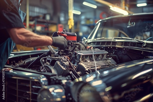 Dedicated auto mechanic fine-tuning a classic car's engine for optimum performance. The image depicts a blend of traditional craftsmanship and modern technology in a pristine, well-lit garage setting. © Abdul