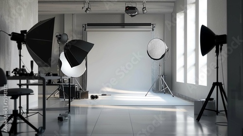 Professional photo studio, shadowless wall, photography equipment, lighting tripod, photography props on display, photo