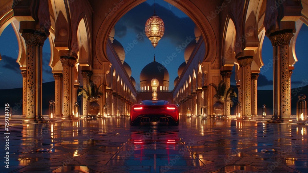 red car and Lantern in outdoor islamic architecture archs in desert on empty floor at night