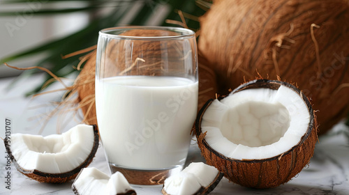 On a wooden background, there's a glass brimming with coconut milk alongside halved coconuts
