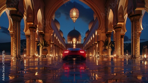 red car and Lantern in outdoor islamic architecture archs in desert on empty floor at night