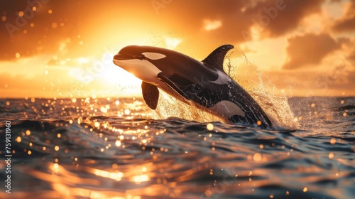 orca jumps out of the ocean against the background of the sunset