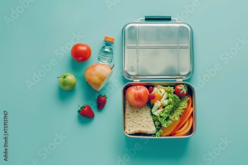 Refresh your study break: Top view photograph featuring a lunch box containing sandwiches, fruits, vegetables and a water bottle on a pastel blue isolated surface, perfect for text or advertisements © Ammar