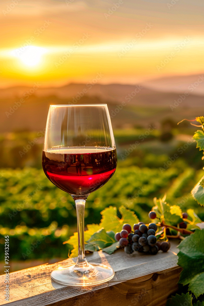 A glass of wine against the backdrop of a vineyard. Selective focus.