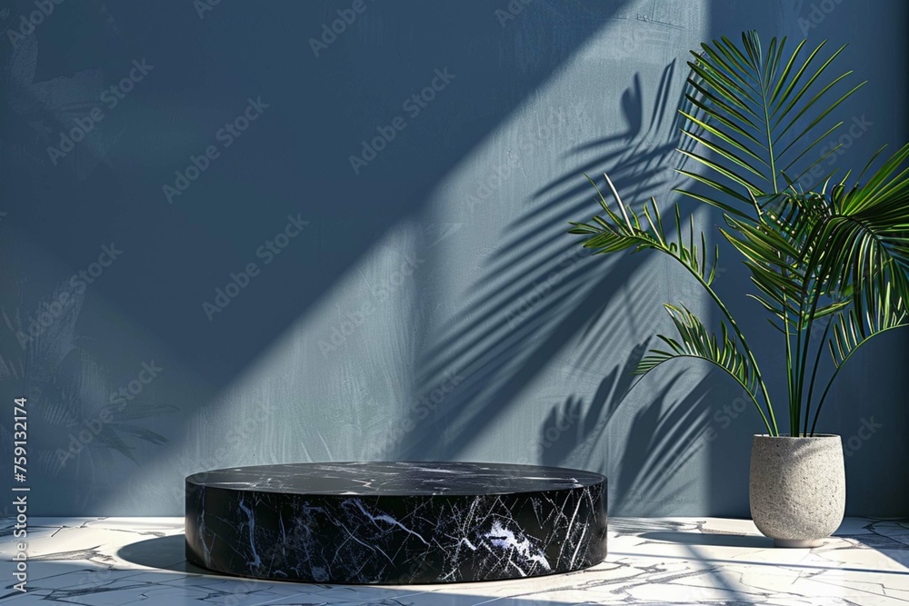 Round black marble podium and palm leaf, Abstract minimal geometric background, Aesthetic summer dais and shadows on the wall, 3D Modern design for product showcase - obrazy, fototapety, plakaty 