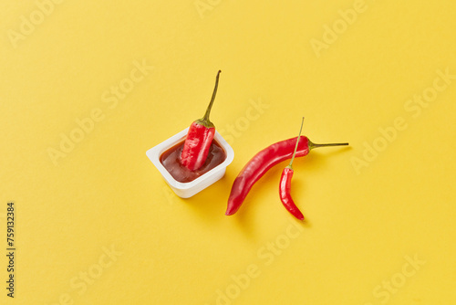 Fresh chili peppers with plastic cup of tomato ketchup in studio photo