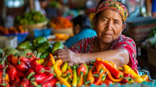 A woman sits in front of a colorful pile of peppers, admiring their vibrant hues and varied shapes