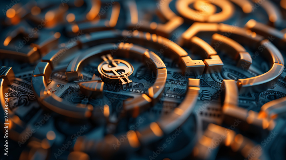 Close-up view of an financial decisions maze - currency symbols Close-up view of an financial decisions maze - currency symbols