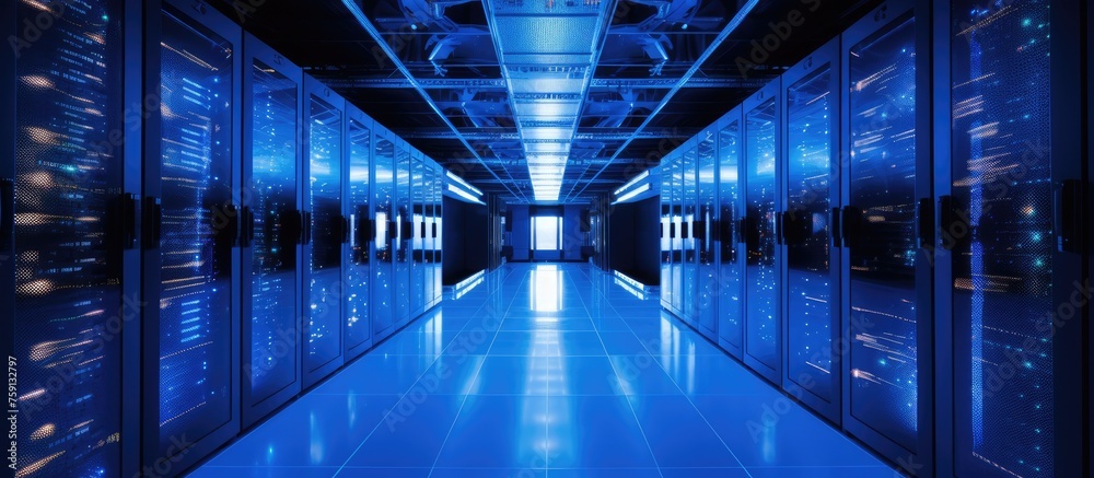 White server room with blue lighting. White server room with blue lighting.