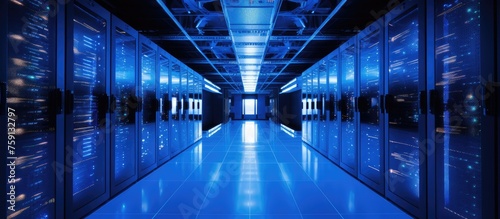 White server room with blue lighting.