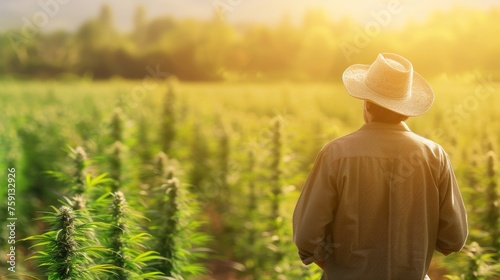 Back view of a male farmer in field with cannabis plant growing in a large outdoor plantation farm.
