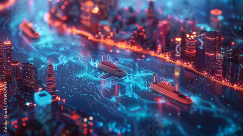 Abstract expression of digital of a  futurlistic currency river flowing through a financial landscape