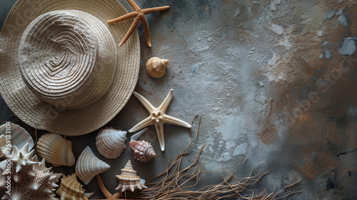 Top view of summer cap, starfish and seashells located on isolated gray background