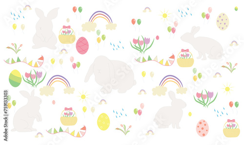 Easter bunny and eggs, spring flowers and rainbow. Vector illustration.