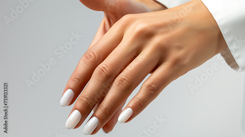 Well-groomed women s tanned hands with white manicure close-up