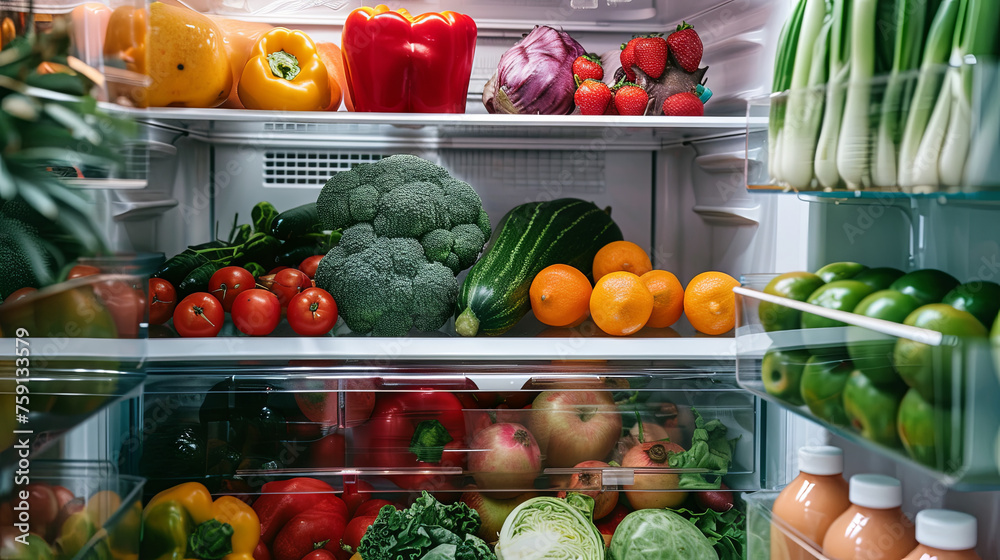 Refrigerator filled with fresh vegetables and fruits