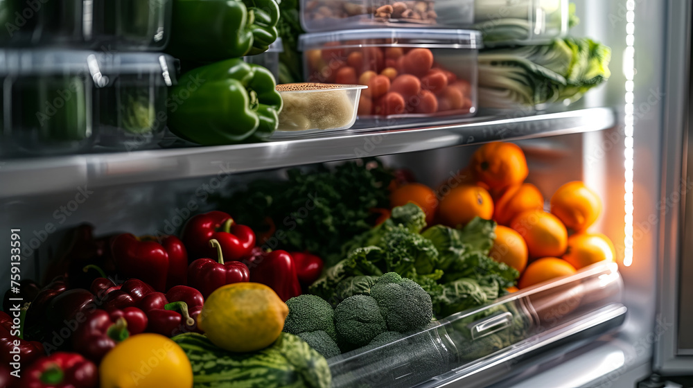 A fridge filled with an abundance of fresh vegetables and fruits on each shelf, advocating for a nutritious diet
A fridge filled with an abundance of fresh vegetables and fruits on each shelf, advocating for a nutritious diet