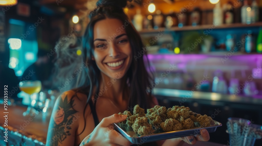 dried cannabis buds in a plate held by a beautiful sexy woman