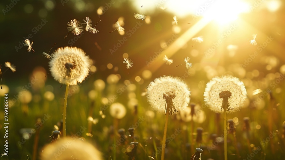 Spring field with dandelion and pollen flying in air in allergic season. - obrazy, fototapety, plakaty 