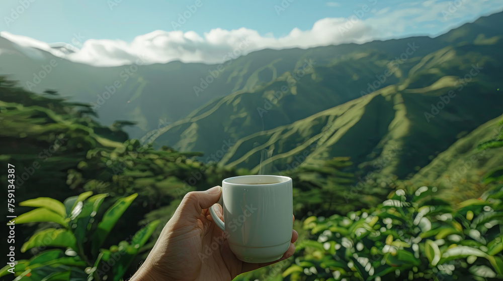 White cup of aromatic coffee against the backdrop of green spring mountains
