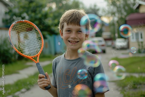child boy with tennis racket. Street. A game. Childhood. Bubble. Sastier. Joy. Athlete. Hobby