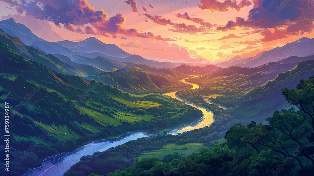 Landscape Illustration Featuring a Winding River Flowing Through Lush Green Hills, with a Colorful Sunset Painting the Sky in Hues of Orange and Pink. Tranquil Nature Scene Concept.