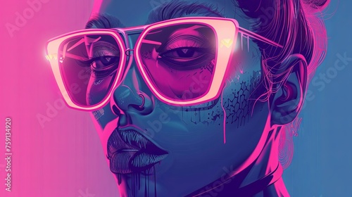 Portrait of a girl wearing glasses in neon style. Fashionable image for disco or other event. Illustration for cover  card  postcard  interior design  banner  poster  brochure or presentation.