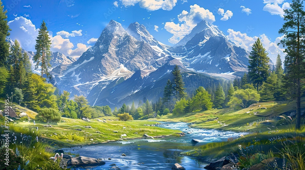Landscape Illustration Depicting a Majestic Mountain Range Towering Above a Tranquil Forest. Natural Grandeur Concept.