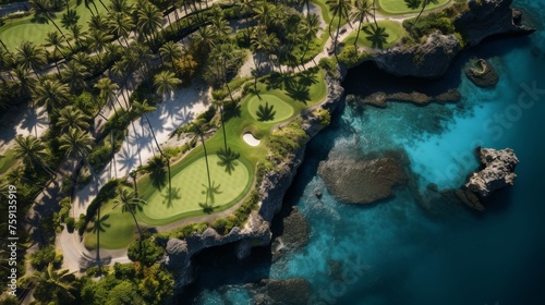 Overlooking a golf course nestled near the ocean  players enjoy a round under the clear blue sky