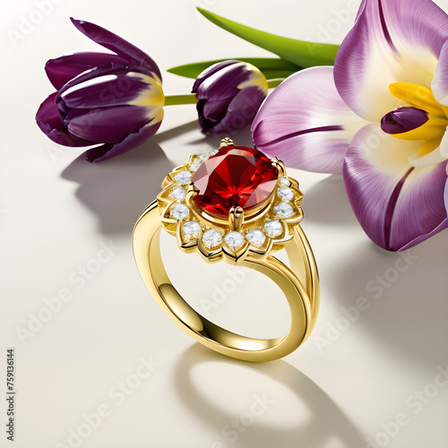 The theme of a beautiful tulip flower crafted for International Mother's Day in elegant jewelry represents love, appreciation, and beauty. Just like the delicate and intricate design of the tulip flow photo