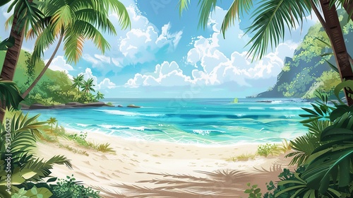 Landscape Illustration Showcasing a Pristine Beach with Golden Sands and Crystal-clear Waters. Tropical Paradise Concept.