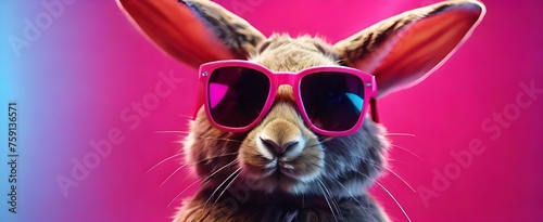 Vibrant neon background, a rabbit wears stylish pink sunglasses. Generative AI