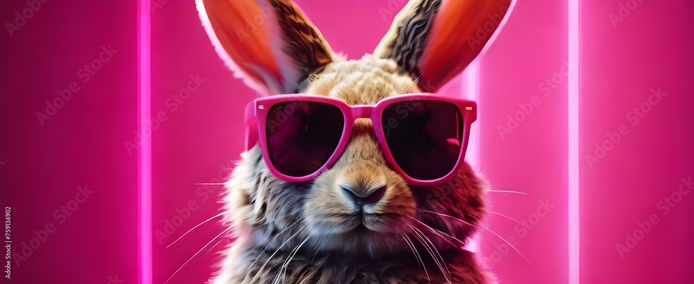 Vibrant neon background, a rabbit wears stylish pink sunglasses. Generative AI Vibrant neon background, a rabbit wears stylish pink sunglasses. Generative AI